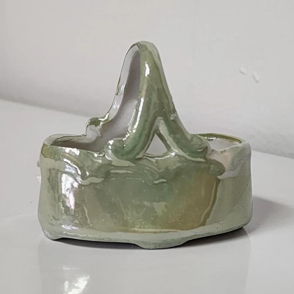 Vtg German Elfinware Porcelain Lusterware Green Miniature Rose Floral Basket